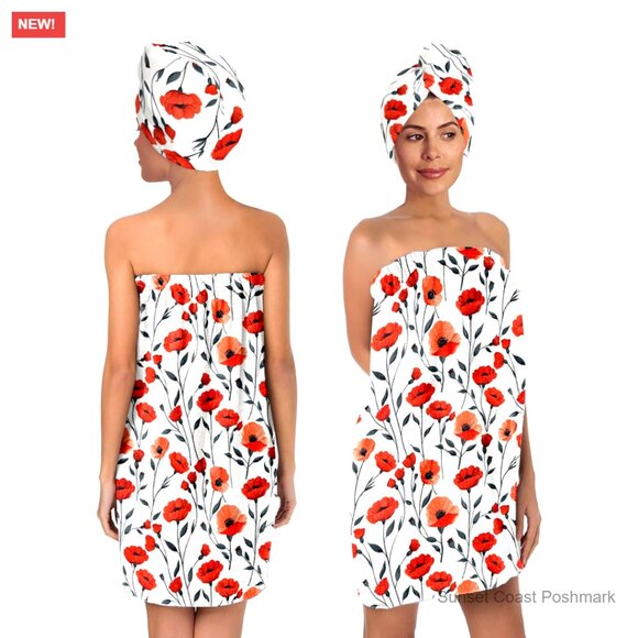 Spa Towel Wrap Robe Set with Hair Turban Quick-Dry Absorbent Floral Pattern